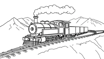 Zwart-wit kleurplaat van een stoomtrein die door een berglandschap rijdt, met stoom uit de schoorsteen en wagons.