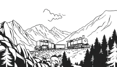Zwart-wit kleurplaat van een stoomtrein die door een berglandschap rijdt, omringd door bomen en rotsen.