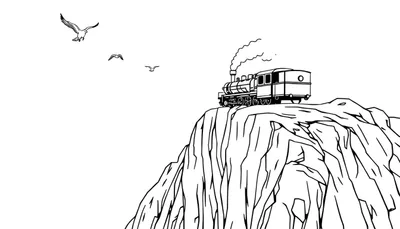 Kleurplaat van een stoomtrein op een klif met meeuwen.