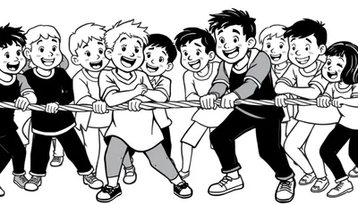 Kleurplaat van kinderen die touwtrekken met lachende gezichten.