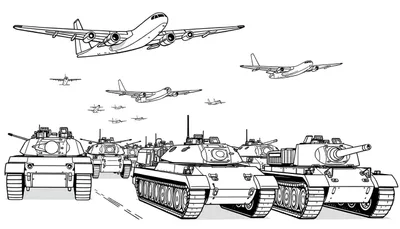Kleurplaat van een colonne tanks en bommenwerpers.