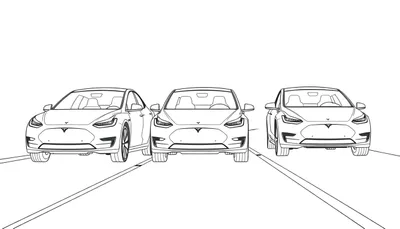 Drie Tesla's op een rij, een kleurplaat van elektrische auto's.