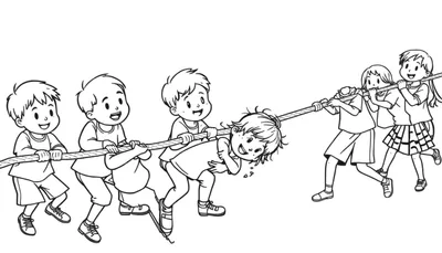Zwart-wit kleurplaat van kinderen die touwtrekken, waarbij een jongen bijna van de grond wordt getild.