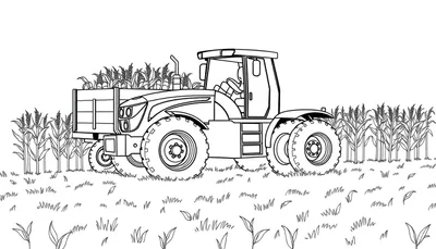 Een zwart-wit kleurplaat van een tractor die mais ophaalt.