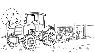 Kleurplaat van een tractor in een weiland met koeien en een hek.