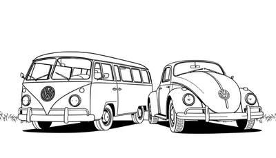Kleurplaat van een VW Bus en een VW Kever.