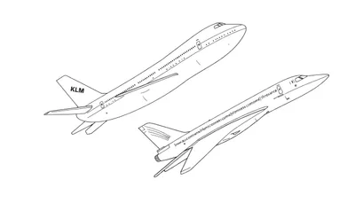 Kleurplaat van een KLM Boeing 747 en een Concorde.