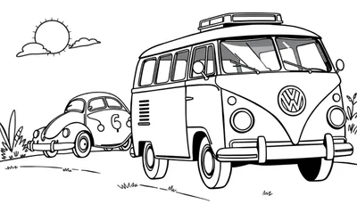 Zwart-wit kleurplaat van een Volkswagen busje en een Volkswagen Kever.