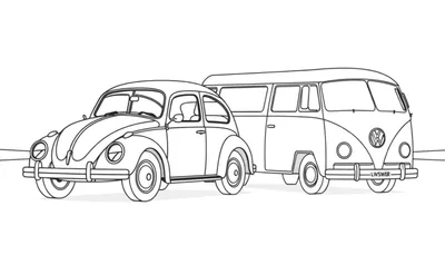 Kleurplaat van een Volkswagen Kever en een Volkswagen busje.
