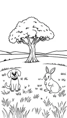 Kleurplaat van een zwart-wit landschap met een grote boom, een hond en een konijn op de voorgrond, en heuvels op de achtergrond.