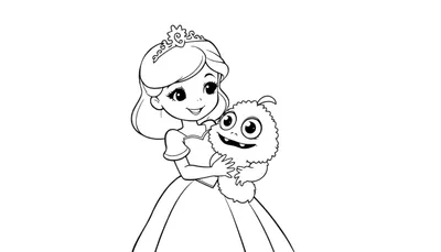 Kleurplaat: Prinses knuffelt klein harig monster met grote ogen.