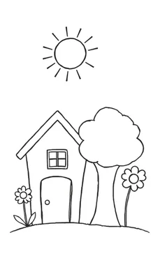 Kleurplaat van een huis, boom, bloemen en de zon.