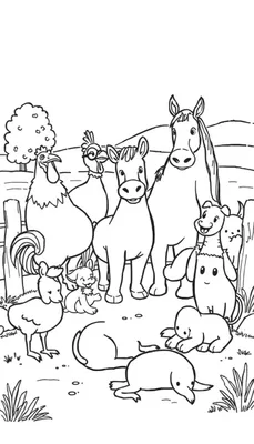 Kleurplaat van een boerderij met een paard, pony, kippen, hond en konijn.