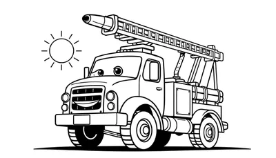 Zwart-wit kleurplaat van een vriendelijke cartoon brandweerwagen met een ladder.
