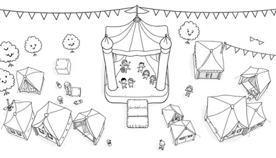 Kleurplaat: Wijkfeest in het park met springkussen, tenten en vlaggetjes.