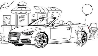 Kleurplaat van een kind dat naar een Audi Cabriolet kijkt bij een ijssalon.