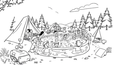 Kleurplaat van een zomerse camping met kinderen die spelen bij een zwembad.