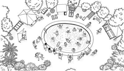 Kleurplaat van een familiecamping met een zwembad, kinderen, een parasol, een vlieger en speeltoestellen.