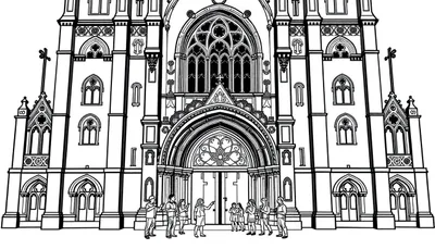 Een zwart-witte kleurplaat van een indrukwekkende, grote kerk met torens en een groep mensen die ernaar kijken.