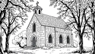 Een zwart-wit kleurplaat van een kerkje met een spits, omringd door bomen.