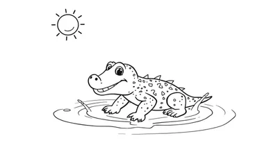 Zwart-wit kleurplaat van een blije krokodil in het water onder de zon.
