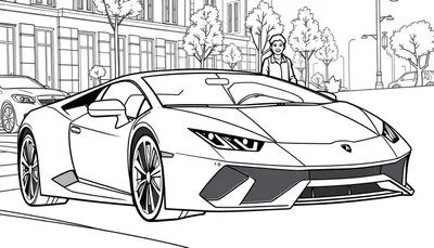 Kleurplaat van een witte Lamborghini Huracan met een jongen ernaast.