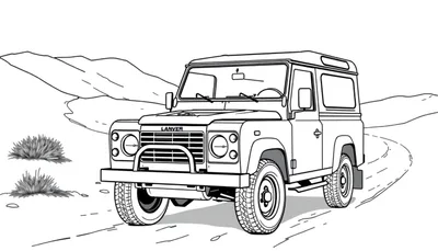 Kleurplaat van een Land Rover Defender in het ruige landschap.