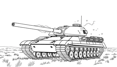 Kleurplaat van een Leopard 1 tank die vuurt, met rook uit de loop en op een grasveld.