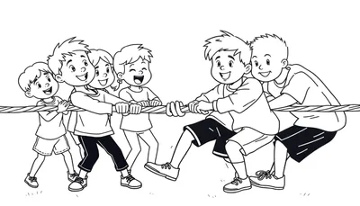 Kleurplaat: kinderen trekken aan een touw, zwart-wit illustratie van een touwtrekwedstrijd.