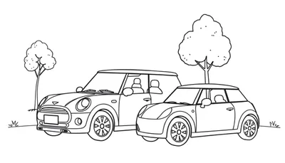 Kleurplaat van twee Mini Coopers in een veld met bomen en gras.