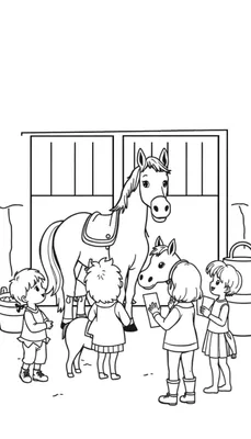 Kleurplaat van kinderen die een paard aaien bij een stal.