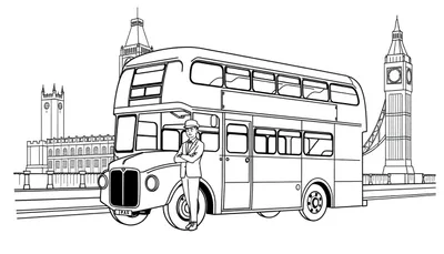 Kleurplaat van een dubbeldekkerbus in Londen met de Tower Bridge en Big Ben op de achtergrond.