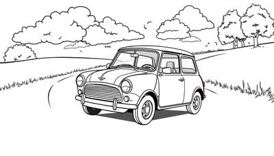 Kleurplaat van een Mini Cooper op een landweg