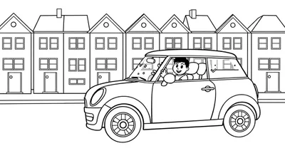 Kleurplaat van een man in een Mini Cooper die zwaait.