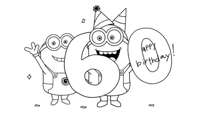 Zwart-witte kleurplaat van twee Minions die een 60e verjaardag vieren.