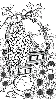 Zwart-wit kleurplaat van een oogstmand vol fruit en groenten, omringd door zonnebloemen.