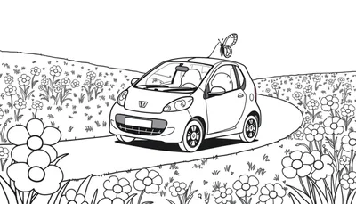 Een cartooneske kleurplaat van een Peugeot 107 op een bloemenveld met een vlinder op het dak.