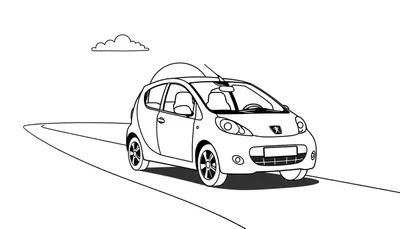 Een zwart-wit kleurplaat van een Peugeot 107 auto op een weg met een wolkje.