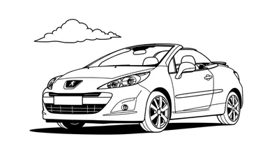 Kleurplaat van een Peugeot 207 CC cabriolet onder een wolk.