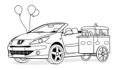 Zwart-wit kleurplaat van een Peugeot 307 Cabriolet met aanhanger.