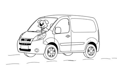 Kleurplaat van een Peugeot Partner bestelwagen met een hond achter het stuur.