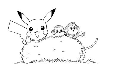 Een kleurplaat van Pikachu en twee aapjes achter gras.