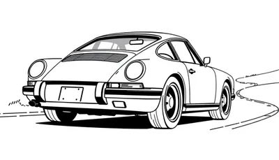 Kleurplaat van een klassieke Porsche 911 sportwagen, gezien van achteren, op een bochtige weg.