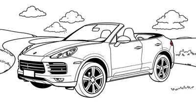 Kleurplaat van een Porsche Cayenne cabriolet in de natuur.