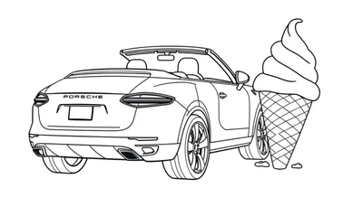 Kleurplaat van een Porsche cabriolet met een ijsje.