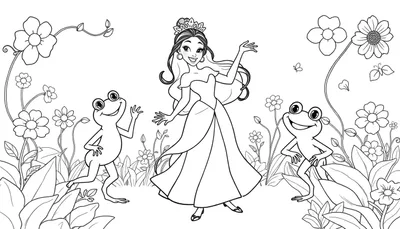 Kleurplaat van prinses Tiana die danst met twee kikkers in een tuin vol bloemen.
