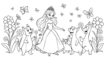 Kleurplaat van een prinses met tiara, omringd door lieve beestjes in een bloementuin.