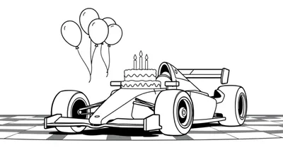 Kleurplaat van een raceauto met een verjaardagstaart en ballonnen voor een Formule 1 fan.