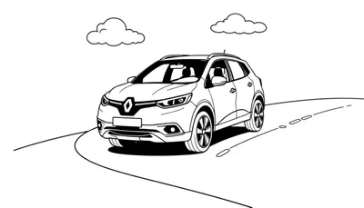 Kleurplaat van een zwarte Renault Kadjar op een bochtige weg met twee wolken.