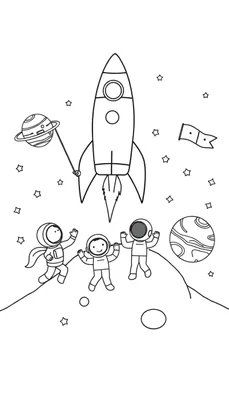 Een zwart-wit kleurplaat van astronauten die spelen op een planeet met een raket, sterren en planeten.